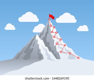 Hiking trip to the top of the mountain, In the blue sky. Vector illustration