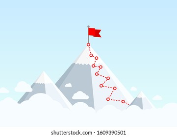 Hiking Trip To The Top Of The Mountain, In The Blue Sky. Vector Illustration