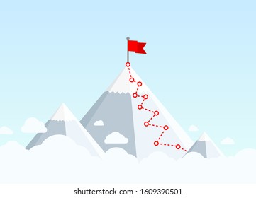 Hiking trip to the top of the mountain, In the blue sky. Vector illustration