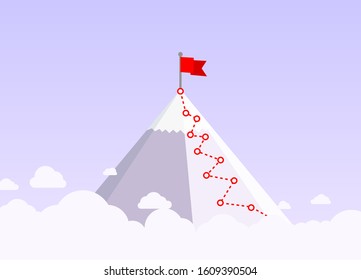 Hiking trip to the top of the mountain, In the blue sky. Vector illustration