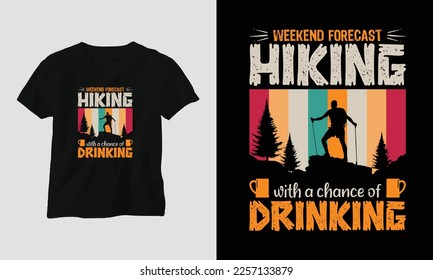 Hiking t-shirt design concept. Designed with Mountain, Silhouette, trees, and vintage style.