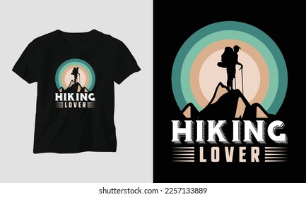 Hiking t-shirt design concept. Designed with Mountain, Silhouette, trees, and vintage style.