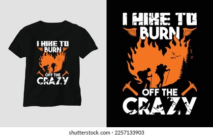 Hiking t-shirt design concept. Designed with Mountain, Silhouette, trees, and vintage style.
