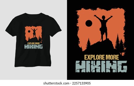 Hiking t-shirt design concept. Designed with Mountain, Silhouette, trees, and vintage style.