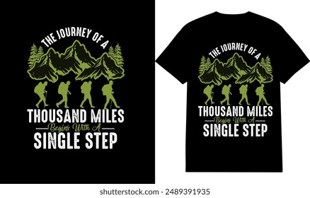 Hiking T-shirt Design or Mountain Pine Tree Hiking Vector design, Cartoon style character traveling, Hiking Typography T Shirt Design, Adventure travel lettering, Lettering adventure background
