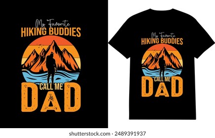 Hiking T-shirt Design or Mountain Pine Tree Hiking Vector design, Cartoon style character traveling, Hiking Typography T Shirt Design, Adventure travel lettering, Lettering adventure background