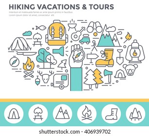 Hiking vacation concept illustration, thin line, flat design