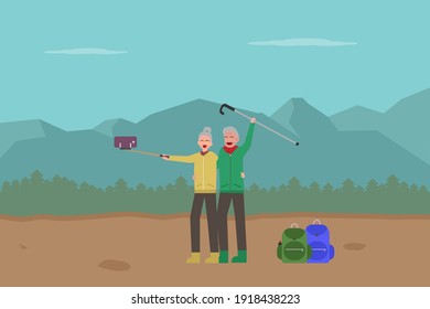 Concepto de vector de senderismo: Una pareja mayor toma una foto selfie con un teléfono inteligente mientras hace senderismo en la montaña 