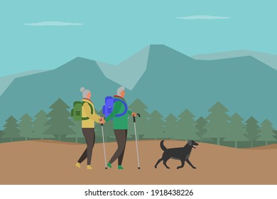 Hiking vector concept: Senior couple hiking together in the mountain while holding stick 