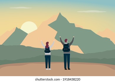 Hiking vector concept: Young couple arrives on the peak of the mountain while raising hands together 
