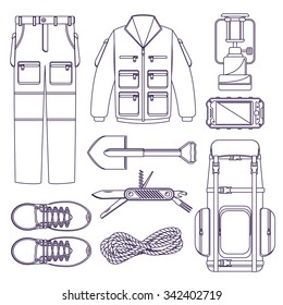 Hiking vector elements. Hiking boots, tools, camping backpack