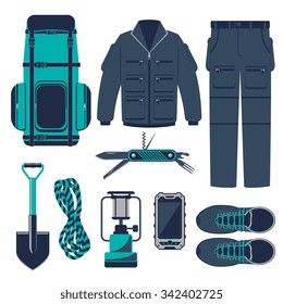 Hiking vector elements. Hiking boots, tools, camping backpack