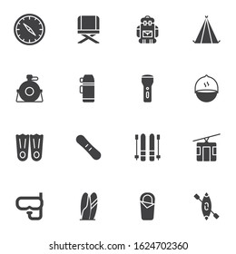 Hiking vector icons set, modern solid symbol collection, filled style pictogram pack. Signs, logo illustration. Set includes icons as compass, flashlight, camping tent, water flask, diving, ski, surf