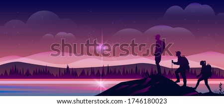 Similar – Image, Stock Photo People hiking at night. Mountains at sunrise. Man standing on peak. Natural mountain landscape with illuminated misty peaks, foggy slopes and valleys