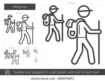 Hiking vector line icon isolated on white background. Hiking line icon for infographic, website or app. Scalable icon designed on a grid system.