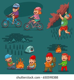 Hiking vector set. Cartoon illustration of a man and a woman on a camping, mountain climbing, active lifestyle, cycling, weekend in the forest by campfire.