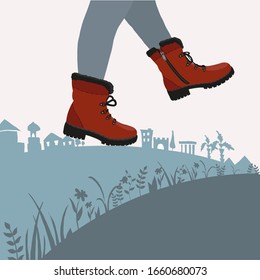 Hiking, walking along the road, comfortable sports shoes. Vector illustration. The concept of travel, adventure, freedom, sport health