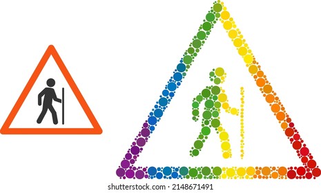 Hiking warning collage icon of spheric dots in different sizes and spectrum multicolored color tones. A dotted LGBT-colored hiking warning for lesbians, gays, bisexuals, and transgenders.