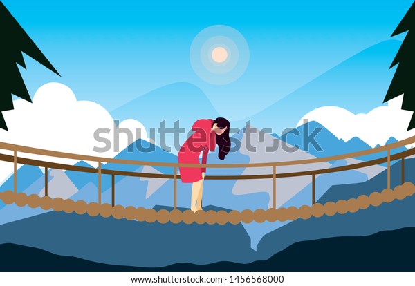 hiking woman\
crossing bridge mountains\
landscape