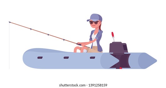 Hiking Woman Fishing In Inflatable Boat. Female Tourist Travelling Over Water, Wearing Clothes For Outdoor Sporting, Leisure Activity. Vector Flat Style Cartoon Illustration Isolated, White Background