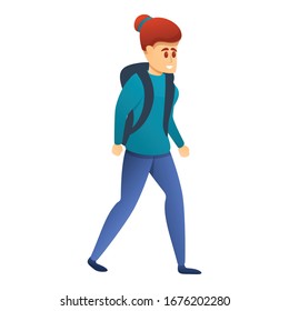 Hiking woman icon. Cartoon of hiking woman vector icon for web design isolated on white background