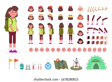 Hiking woman kit, animation set of female tourist with camping equipment with different types of faces, haircuts, emotions, front, back, side view of a male face. Constructor elements