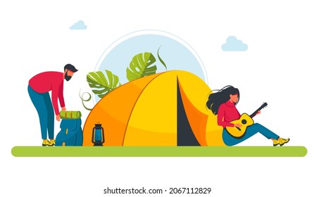 Hiking. woman, man couple hiking in the woods with tent, guitar. Friends with a backpack on a journey. Trip or adventure. Tourist characters on vacation. Seasonal vacation, adventure travel concept.