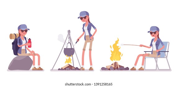 Hiking woman resting at campfire. Female tourist with backpacking gear, wearing clothes for outdoor walks, sporting, leisure activity. Vector flat style cartoon illustration isolated, white background