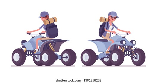 Hiking woman riding atv quad bike. Female tourist with backpacking gear, wearing clothes for outdoor walk, sporting, leisure activity. Vector flat style cartoon illustration isolated, white background