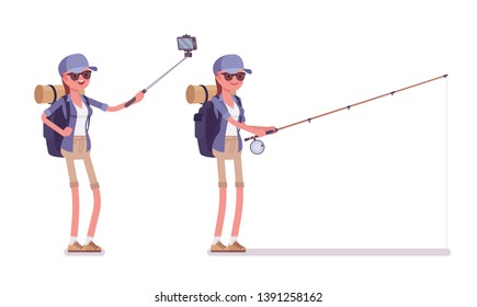 Hiking woman selfie, fishing. Female tourist with backpacking gear, wearing clothes for outdoor walks, sporting or leisure activity. Vector flat style cartoon illustration isolated, white background