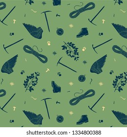 Hiking in woods with piolets and wings - seamless vector pattern