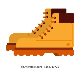 Hiking yellow boots with laces vector flat material design isolated on white