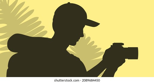 Hiking young man with a backpack on the background of wildlife. Tropical jungle. The beauty of the wild. Vector colorful pop art illustration