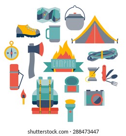 Hikingand camping equipment, icon vector set.