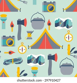 Hikingand camping equipment, vector seamless pattern