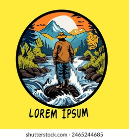 Hiking,traveler, fishing, camp rounded badge or logo or emblem design template with man silhouette standing on the mountain peak with sunset on background. Vintage styled vector illustration