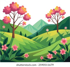Hil scenery , beautiful  flower trees and the sunrise   vector art illustration