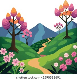 Hil scenery , beautiful  flower trees and the sunrise   vector art illustration