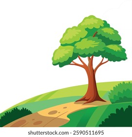 Hil scenery , beautiful  flower trees and the sunrise   vector art illustration