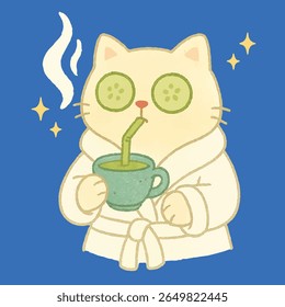 Uma ilustração hilária meme gato com um gato fofo relaxando com uma máscara de rosto verde, fatias de pepino em seus olhos, e uma atitude perfeitamente glam. O gato repousa em uma superfície de pelúcia, irradiando diva