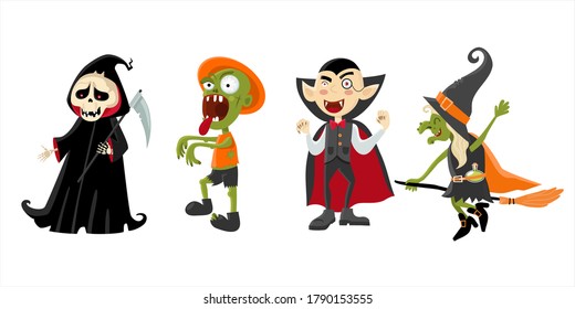 Hilarious characters of Halloween. The image of a witch, zombie, vampire, death with a scythe. Cartoon design. Isolated on white background. Vector stock illustration.