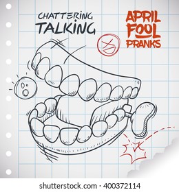 Hilarious chattering talking teeth toy ready for pranks in April Fools' Day draw in doodle style in a notebook paper.