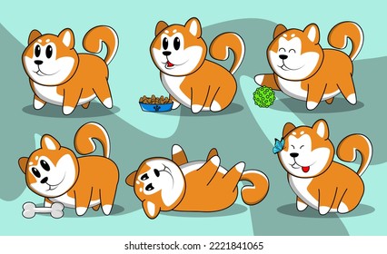 Hilarious dog Shiba Inu, goes about his business and packs illustrations