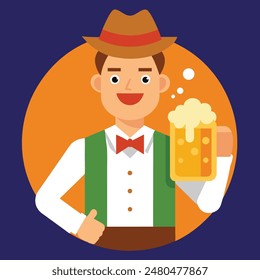 Hilarious Drunk Man with Beer Mugs at Oktoberfest Festival - Fun Vector Art Illustration for Celebrations