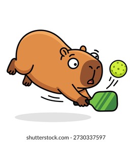 Eine urkomische und außergewöhnlich bezaubernde Vektorkarikatur mit einer fröhlich braunen Capybara-Figur, die als Sport-Maskottchen dient und selbstbewusst auf einem hellgrünen Pickleball balanciert. Dieses süße südamerikanische Nagetier ist voll ausgestattet für eine kräftige Trainingseinheit, trägt ein weißes Schweißband um den Kopf, das seine athletische Entschlossenheit unterstreicht und sich auf das Spiel konzentriert. Der Charakter strahlt mit einem breiten, ansteckenden Lächeln und zeigt Freundlichkeit und Begeisterung, was ihn zu einer absolut perfekten Wahl für Logos von Sportteams, Kinderclubs oder Brandingmaterialien für lokale Pickleball-Turniere und Ligen macht. Das Grafikdesign ist mit klaren, fetten Umrissen und flachen Farbfüllungen ausgeführt, was eine hervorragende Lesbarkeit des Bildes auch in kleinen Maßstäben gewährleistet, z. B. auf Aufklebern, App-Symbolen, Abzeichen oder Social-Media-Avataren. Die Pose des Tieres, die geschickt das Gleichgewicht auf der perforierten Plastikkugel aufrechterhält, symbolisiert Beweglichkeit, Koordination, Kernkraft und die reine Freude, einen aktiven Lebensstil zu leben. Pickleball, derzeit einer der am schnellsten wachsenden Sportarten weltweit, kombiniert mit der enormen viralen Internet-Popularität von capybaras, verwandelt diese Illustration in hochgradig trendige visuelle Inhalte, die sich für digitales Marketing, Sportgeräte-Werbung oder Merchandise-Design wie T-Shirts, Hoodies und Mützen eignen. Das Bild ist einzeln auf einfarbigem weißem Hintergrund gehalten, sodass Grafikdesigner es mühelos in Marketingmaterialien, Flyer, Banner oder Poster integrieren können, die sich mit Gesundheits-, Wellness- und lustigen Outdoor-Wettbewerben befassen. Diese Illustration zeigt perfekt den inklusiven Geist des Spiels, das Menschen aller Altersgruppen vereint, repräsentiert hier durch das kälteste Tier des Internets, das sich entscheidet, aktiv zu werden. Die Liebe zum Detail, von den spezifischen Löchern im wiffle-style Ball bis zu den ausdrucksvollen Gesichtszügen des Nagetieres, fügt eine Schicht von Professionalität und Masse Appell für Stock-Content-Käufer auf der Suche nach fesselnden, modernen und humorvollen Visuals.