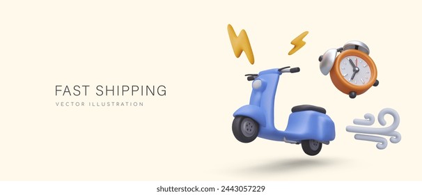 Hilarious fast delivery ads. 3D scooter racing at full speed, wind sign, alarm clock, lightning