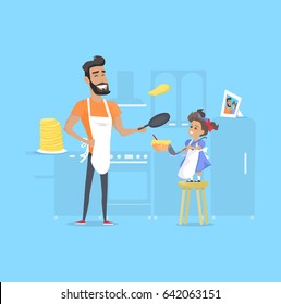 Hilarious father and daughter preparing pancakes in kitchen. Vector illustration of dad holding pan and daughter stands on stool, keeping bowl with ladle, photo and huge pile of pancakes behind