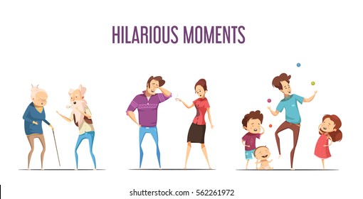 Hilarious funny life moments 3 retro cartoon icons set with couples and young family isolated vector illustration 
