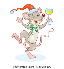 Hilarious gray rat in a red cap - symbol of the new year is dancing. In cartoon style. Isolated on white background. Vector illustration.