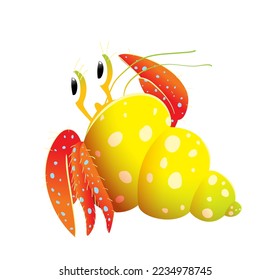 Hilarious Hermit Crab Hand Drawn Illustration for Children  Underwater crustacean character  colorful drawing marine shellfish  Adorable hermit crab vector isolated clipart cartoon 